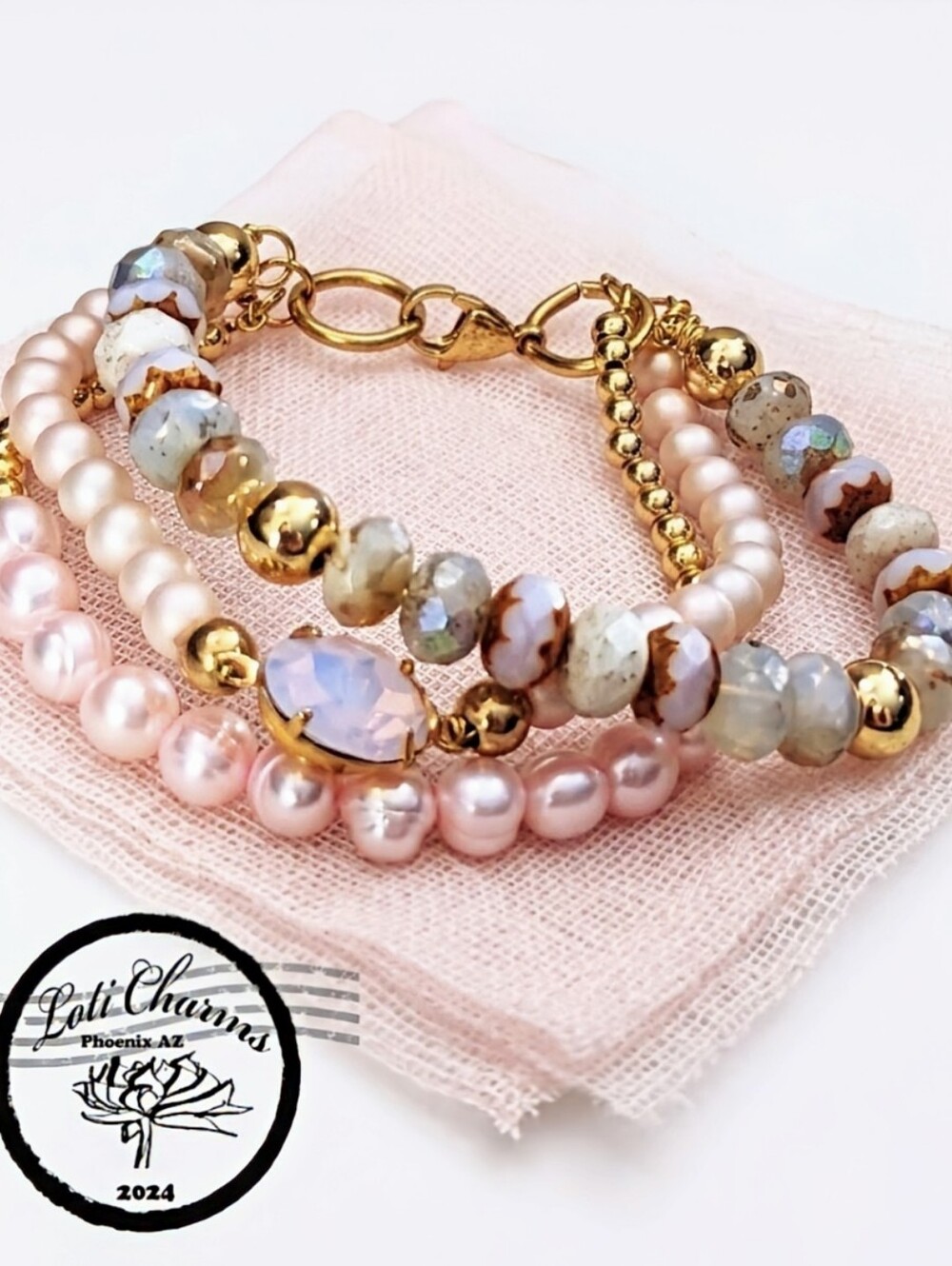 Pink Opaline, Pink Frost, Natural Pearls & Glass In 3-Strand GP Artisan Bracelet